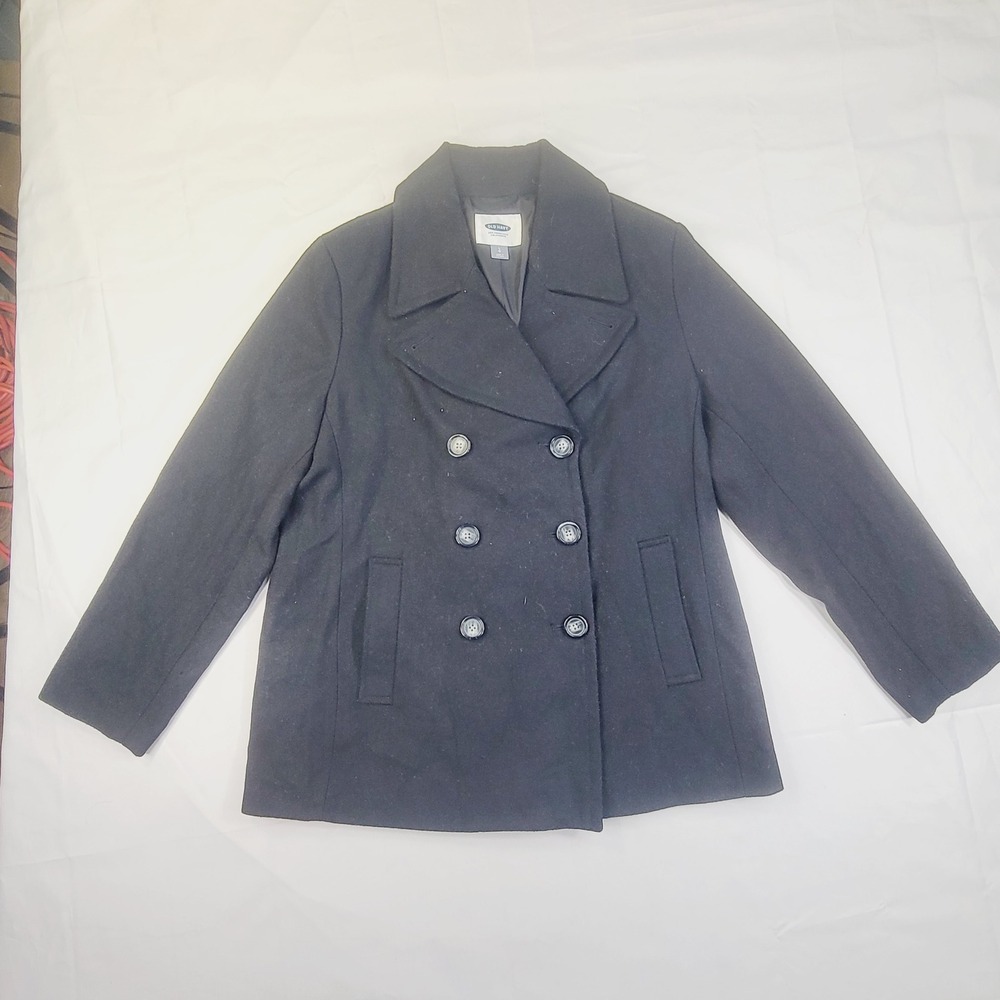 Old Navy Women's Pea Coat Large Black Double Breasted Wool Blend Outerwear